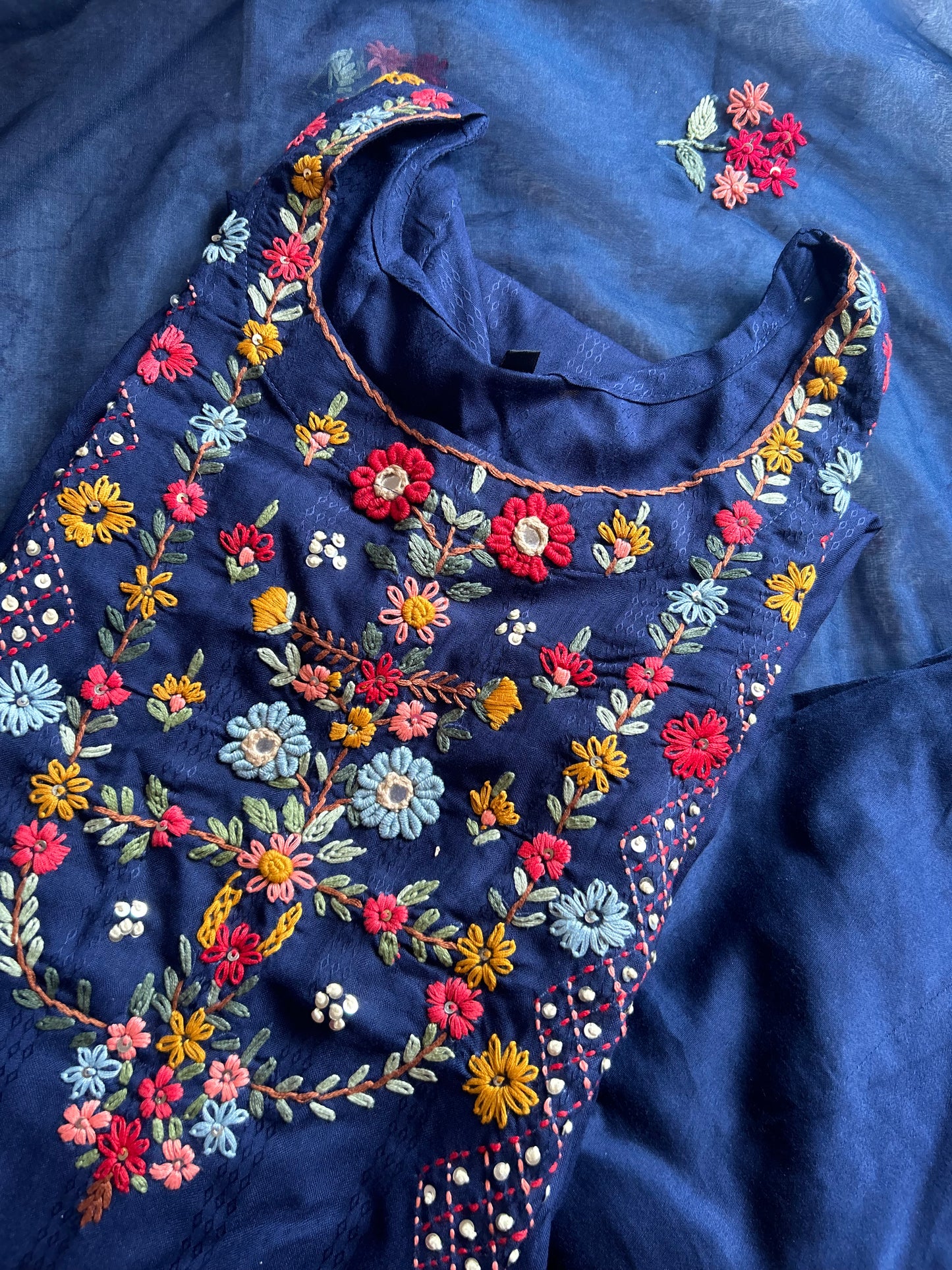 Blue katha work suit set with organza dupatta