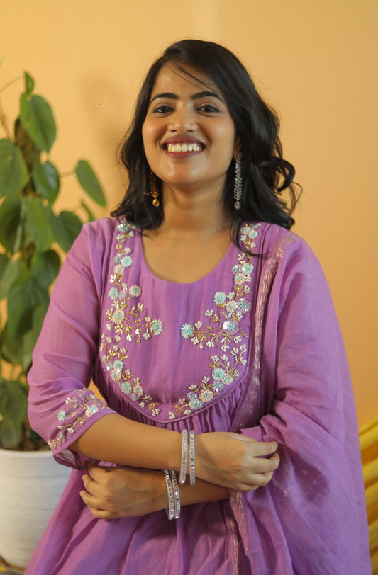 Sanjh Lilac Mul Chanderi hand emroidery Anarkali Suit Set