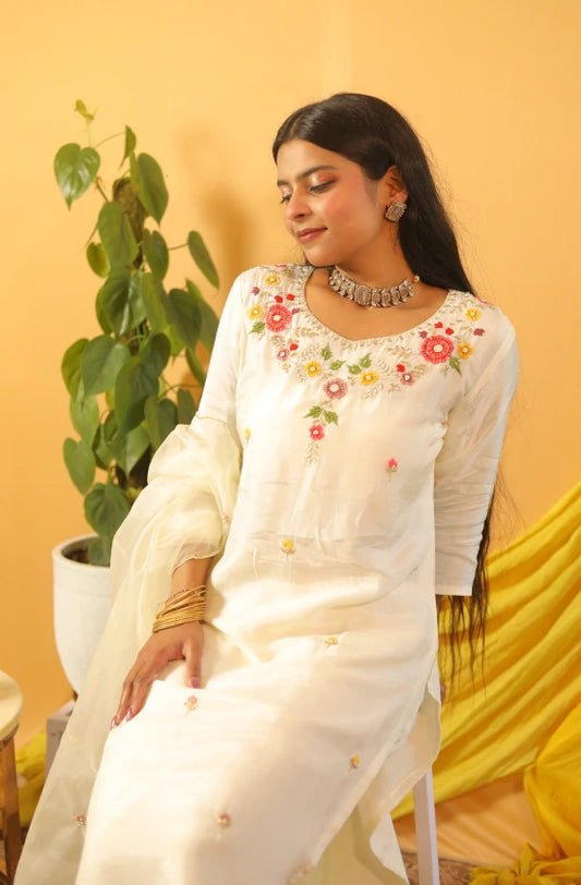 Chandrika  White Dola Silk Suit Set with Colorful Hand Embroidery & Organza Dupatta