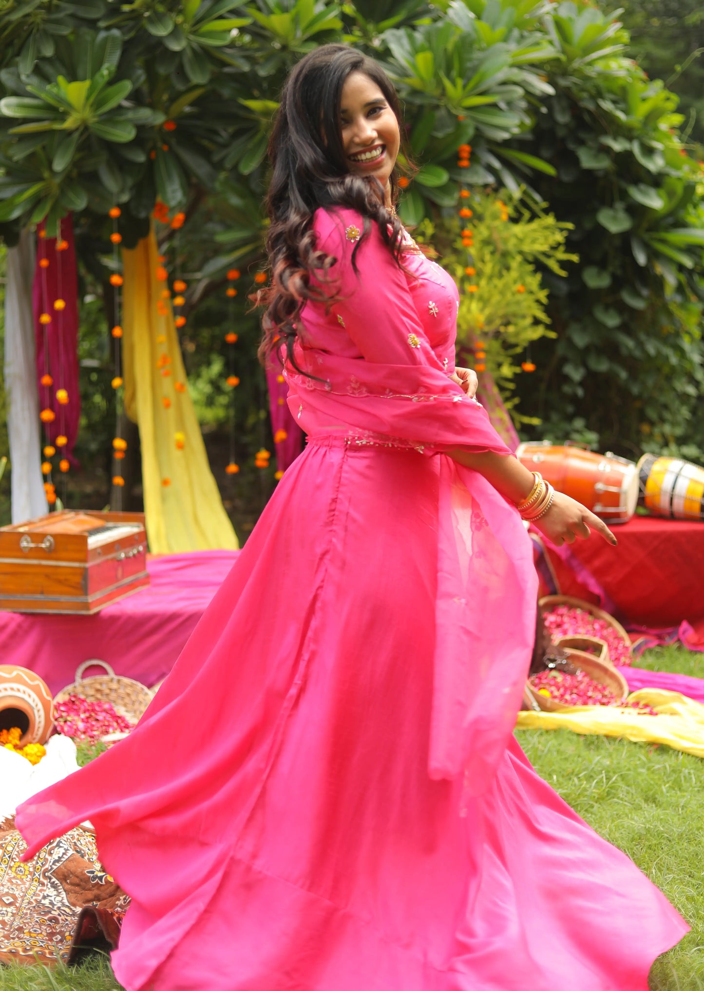 Garba Pink Dola Silk Lehenga with Organza Dupatta