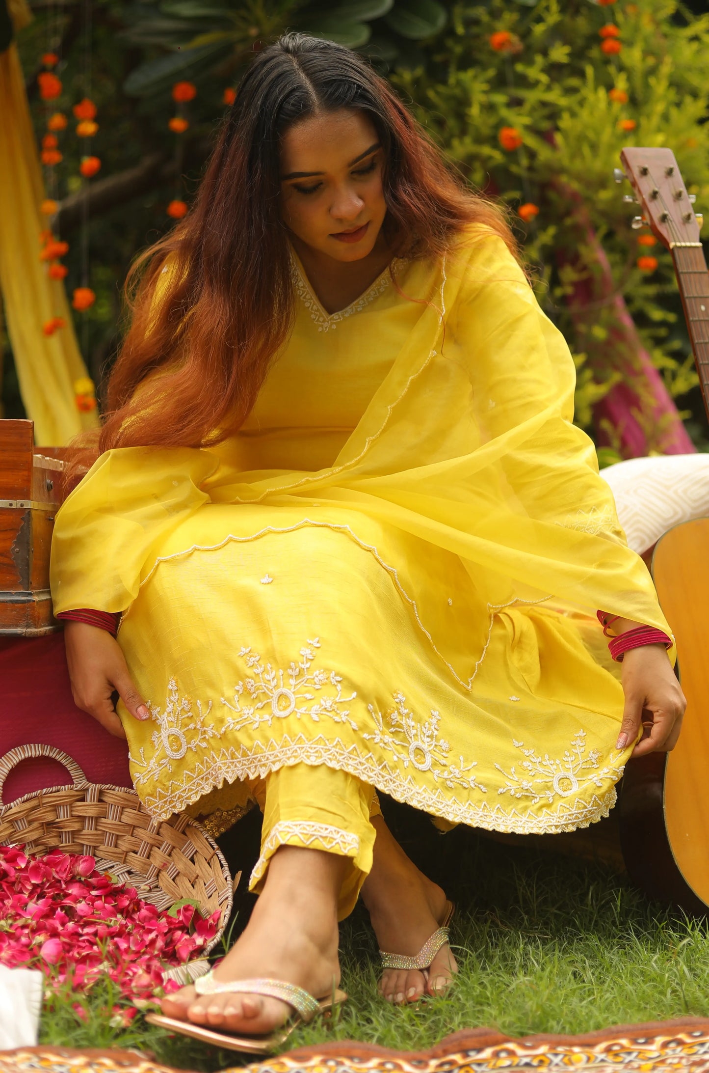 Ziya Yellow Dola Silk Suit Set with Organza Dupatta & Pearl Cutwork Detailing