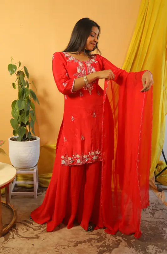 Aarohi  Red Palazzo Suit Set with Delicate Hand Embroidery