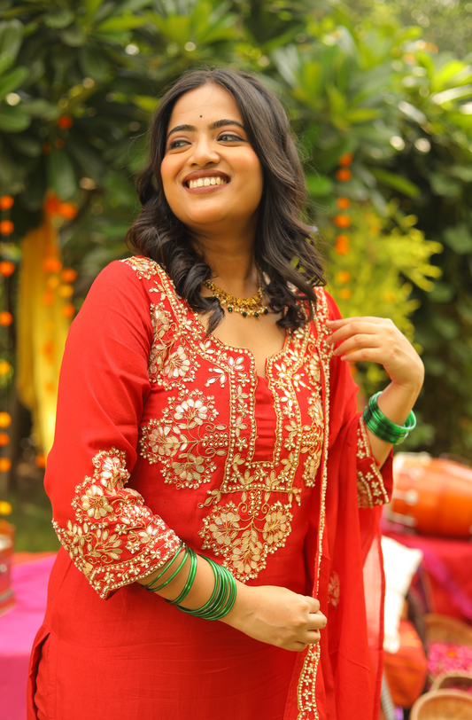 Karva Chauth Red Dola Silk Suit with Gota Patti & Zari Handwork