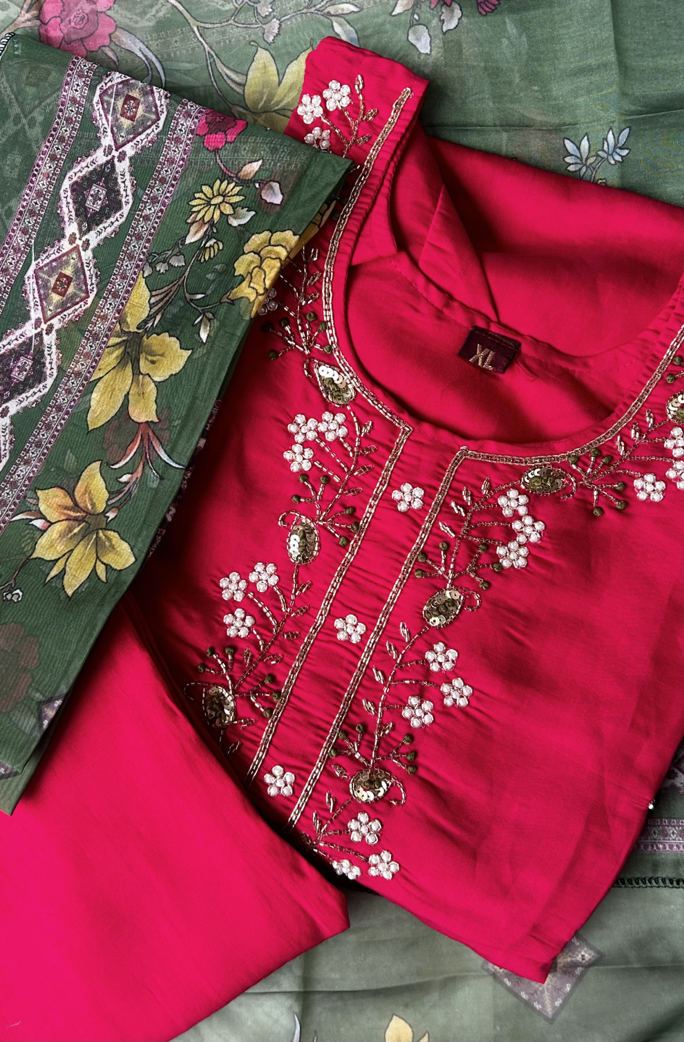 Rani Pink Suit Set with Green Dupatta