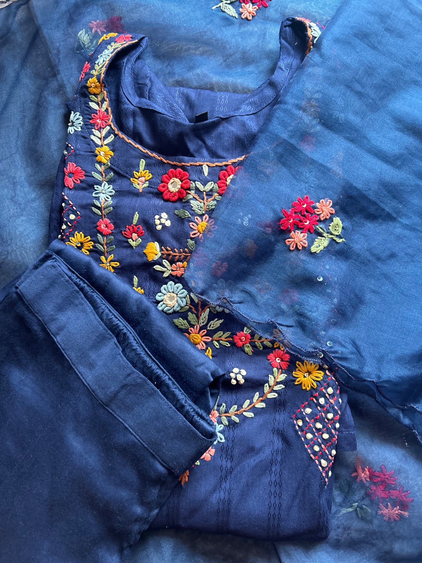 Blue katha work suit set with organza dupatta