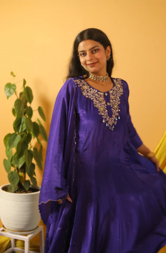 Neelkamal Purple Anarkali Hand-Embroidered Suit Set