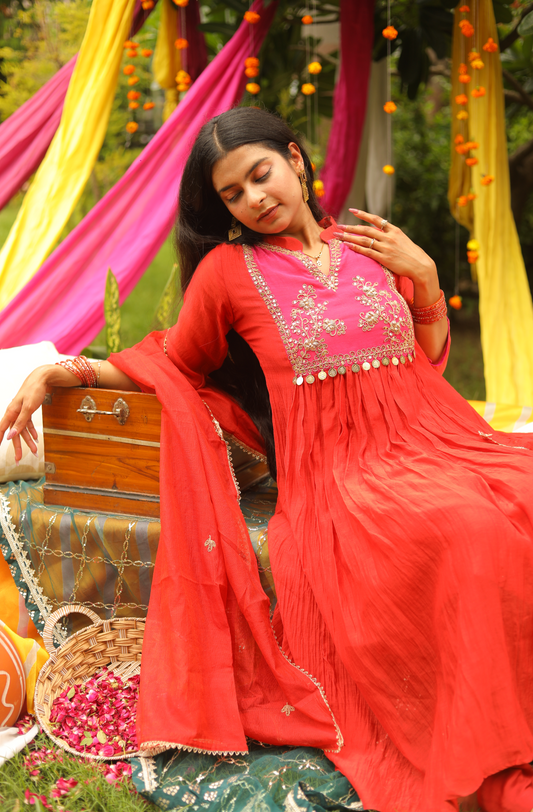 Gulnaar  Rust Orange Mul Cotton Anarkali Suit Set with Contrasting Neckline & Hand Embroidery