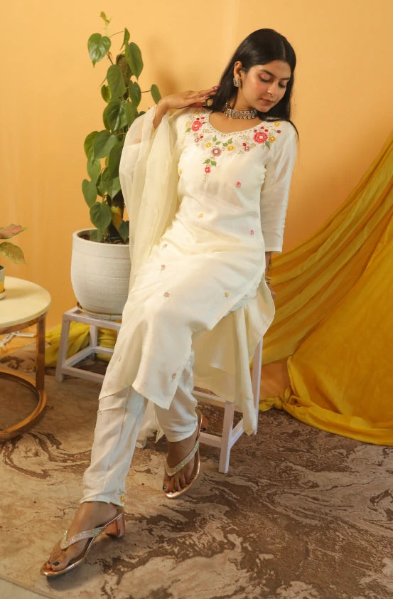 Chandrika  White Dola Silk Suit Set with Colorful Hand Embroidery & Organza Dupatta
