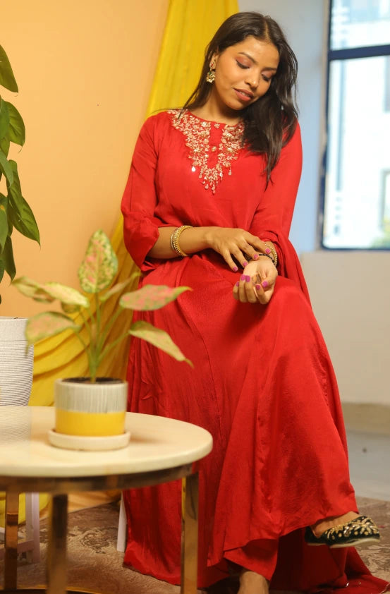 Laalima Red Anarkali Hand-Embroidered Suit Set