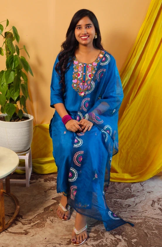 Megh Malhar Blue Suit Set with Bullion Hand Embroidery & Organza Dupatta