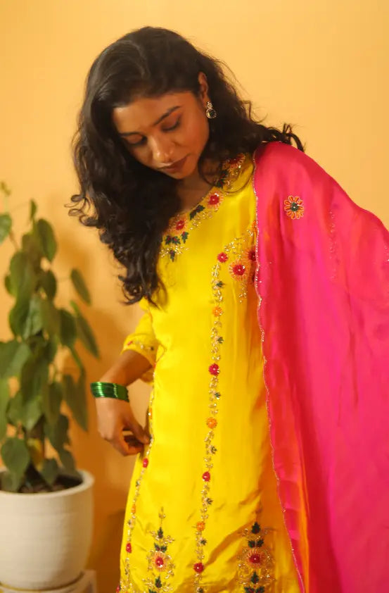 Noor Hand-Embroidered Yellow Plazzo Suit Set