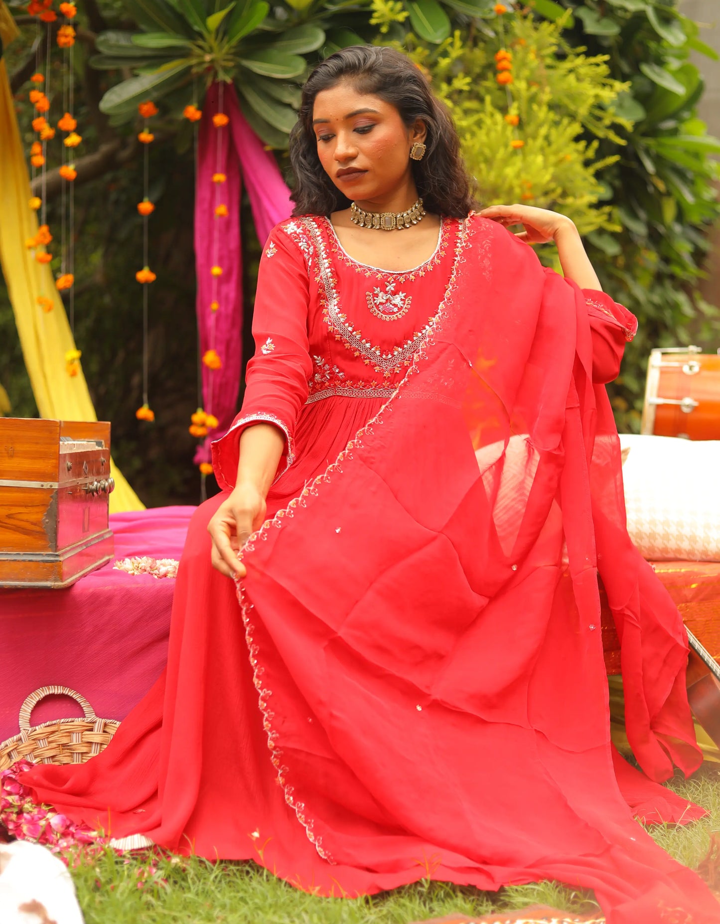 Durga Puja Red Anarkali Suit with Intricate Neck Detailing