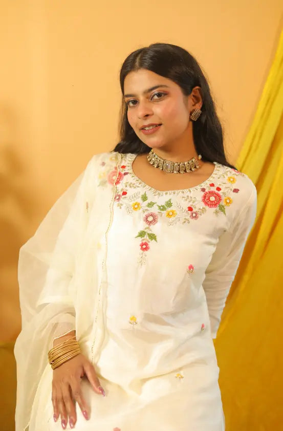 Chandrika  White Dola Silk Suit Set with Colorful Hand Embroidery & Organza Dupatta