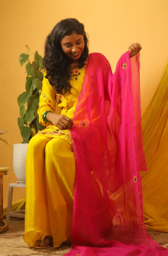 Noor Hand-Embroidered Yellow Plazzo Suit Set