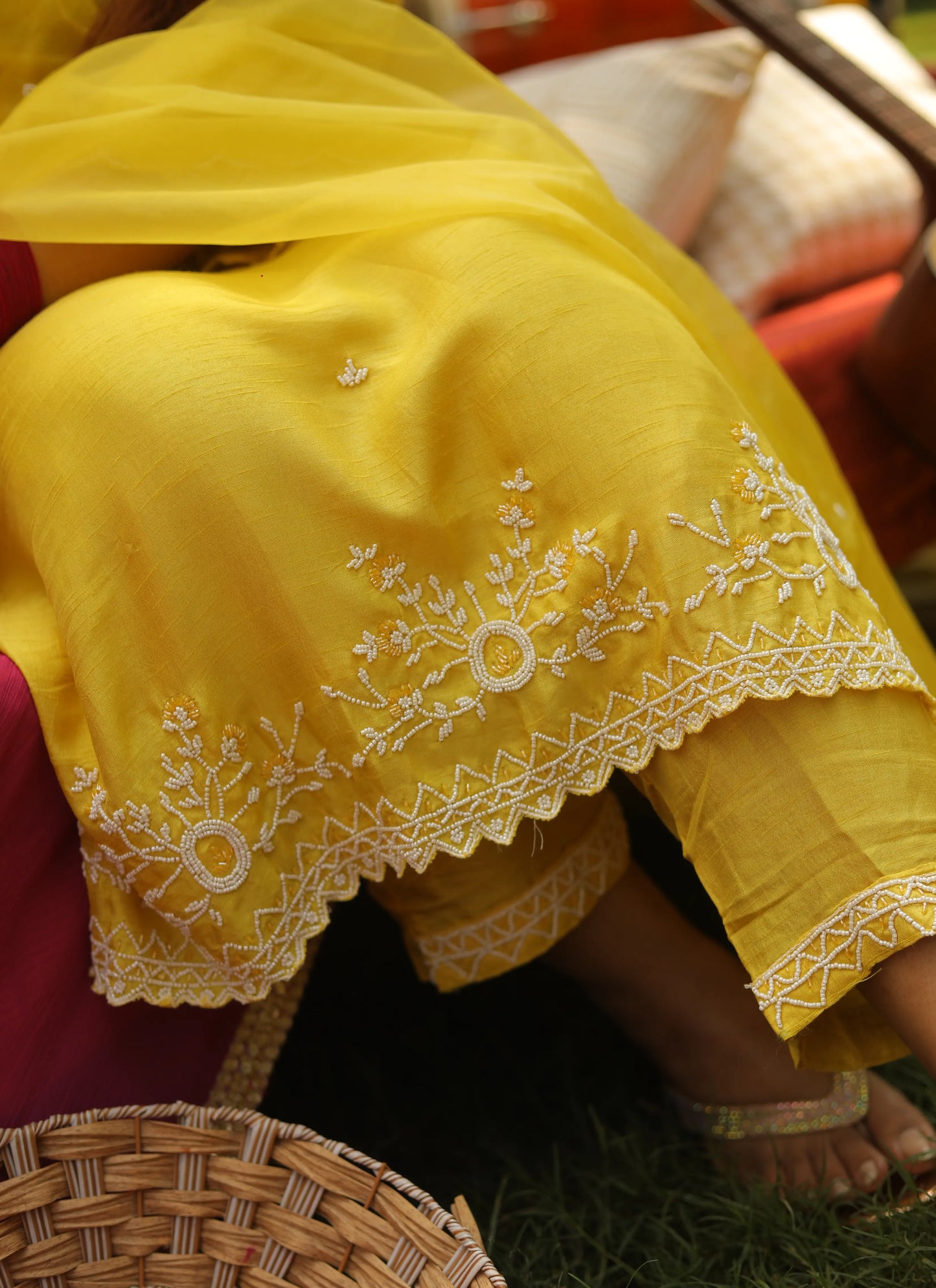 Ziya Yellow Dola Silk Suit Set with Organza Dupatta & Pearl Cutwork Detailing