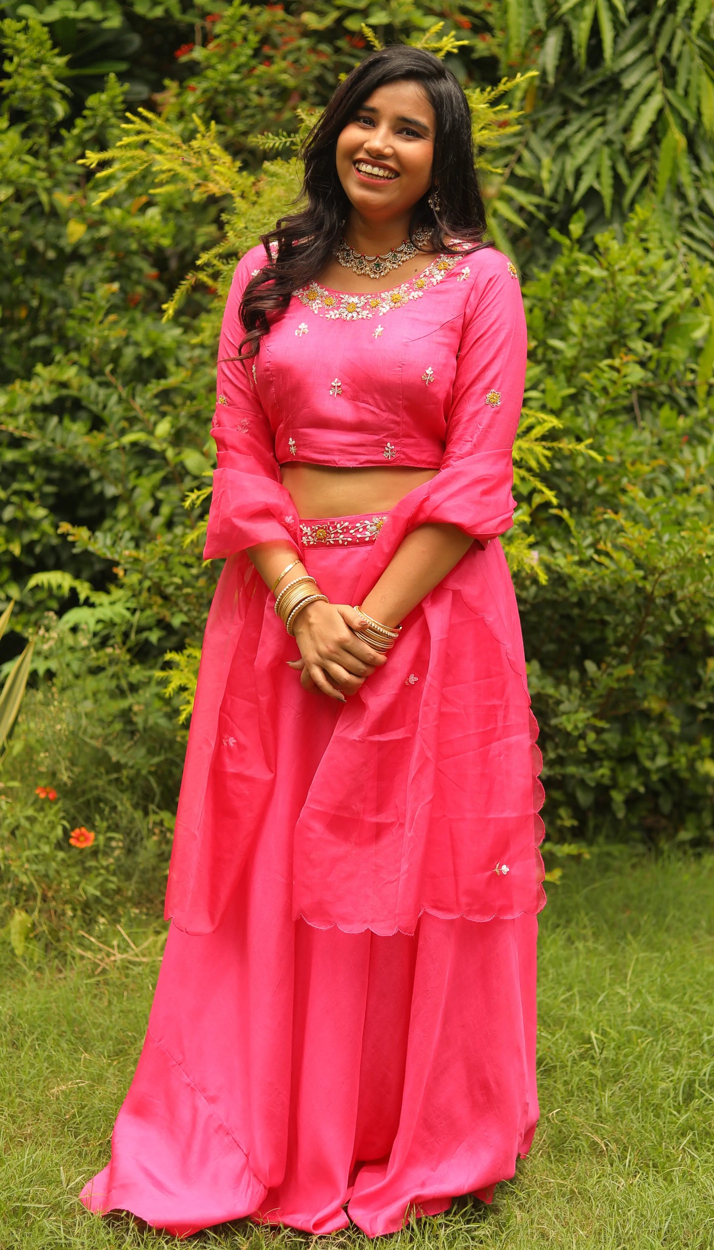 Garba Pink Dola Silk Lehenga with Organza Dupatta