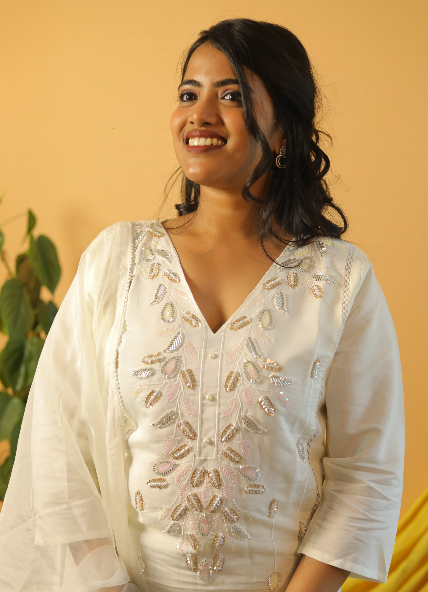 Chandini  White Suit Set with Intricate Cut Dana Embroidery