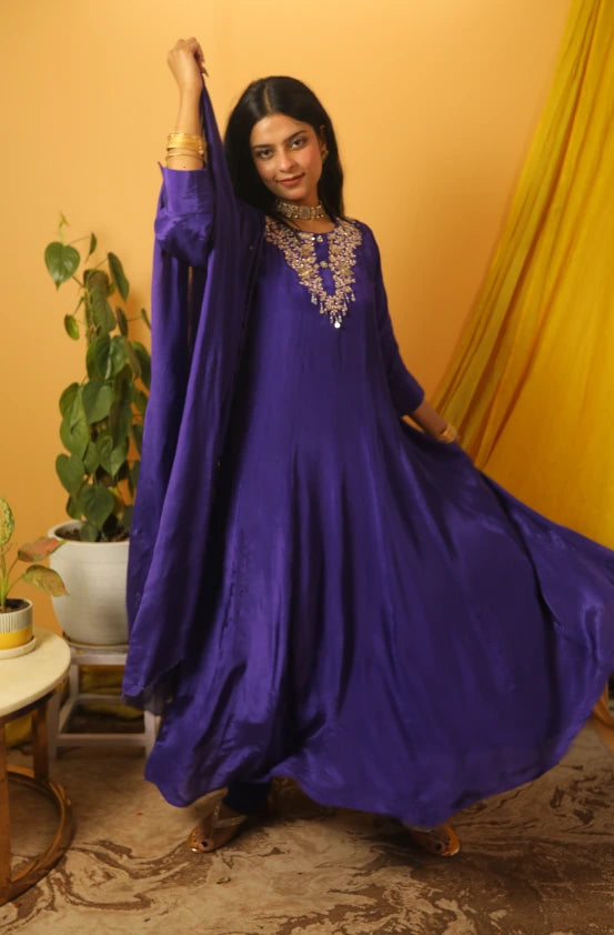 Neelkamal Purple Anarkali Hand-Embroidered Suit Set