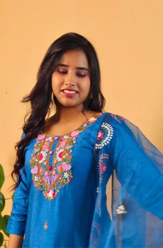 Megh Malhar Blue Suit Set with Bullion Hand Embroidery & Organza Dupatta