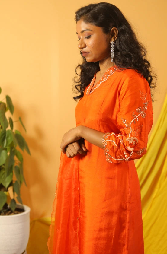 Kesar  Orange Dola Silk Suit Set with Hand Embroidery & Organza Dupatta