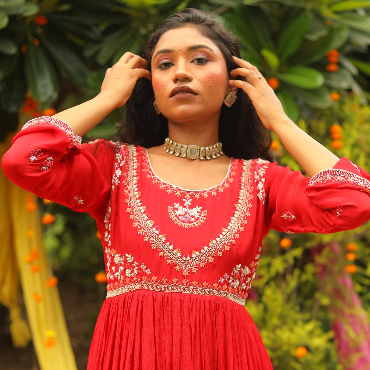 Durga Puja Red Anarkali Suit with Intricate Neck Detailing