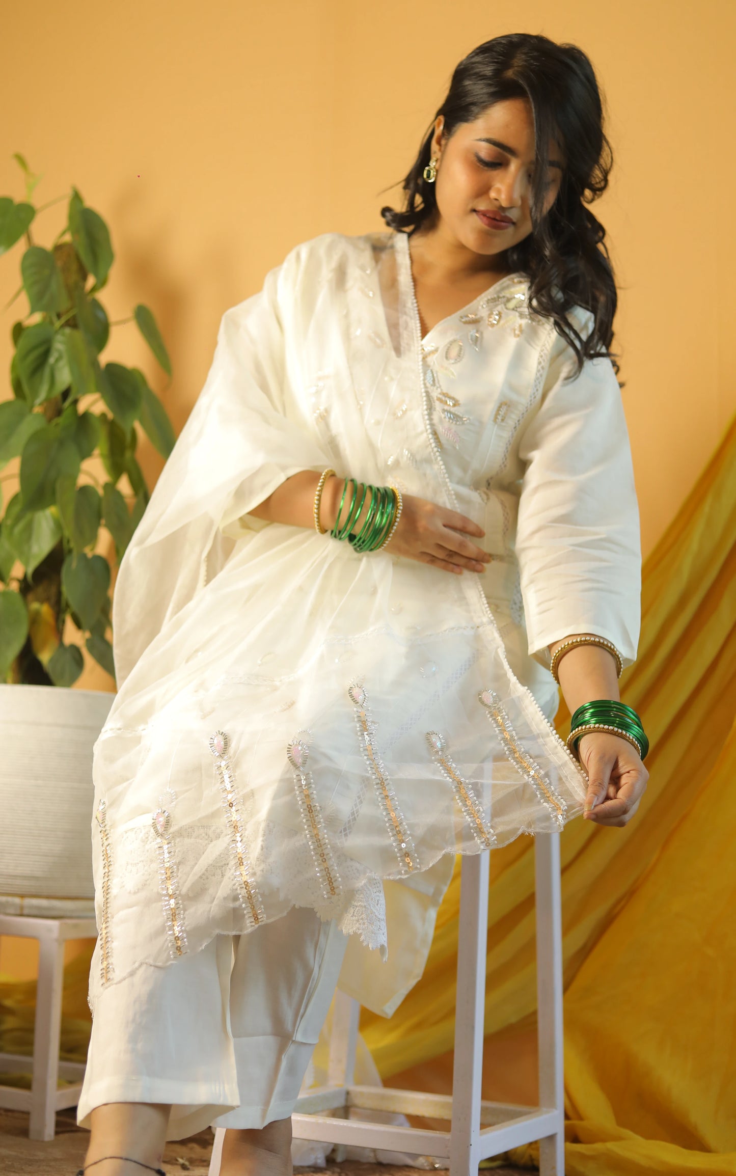 Chandini  White Suit Set with Intricate Cut Dana Embroidery