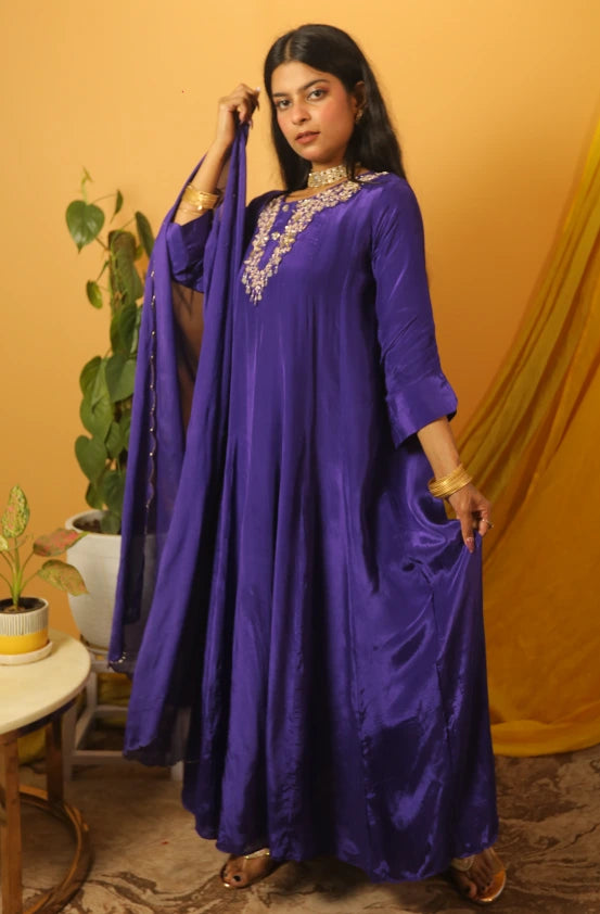 Neelkamal Purple Anarkali Hand-Embroidered Suit Set
