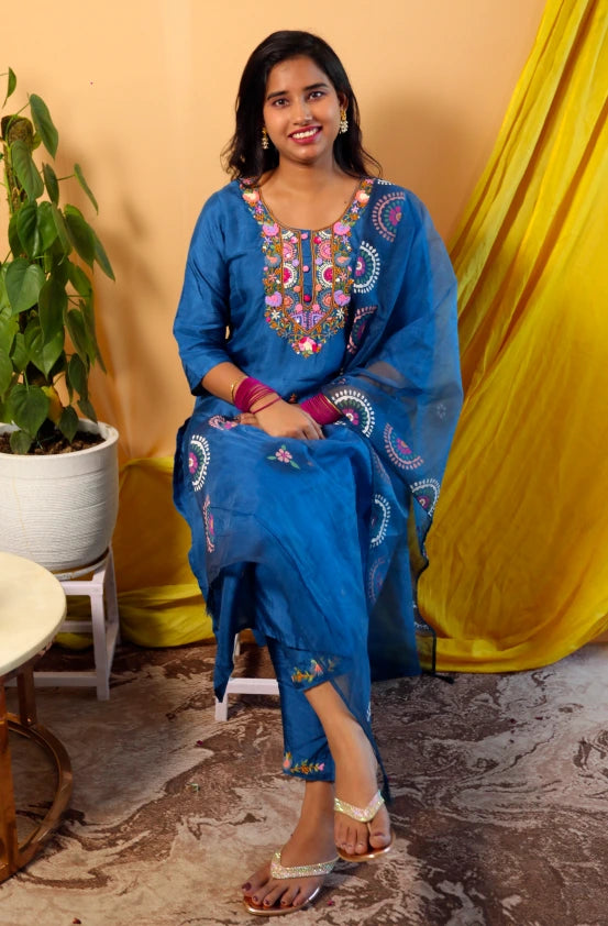 Megh Malhar Blue Suit Set with Bullion Hand Embroidery & Organza Dupatta
