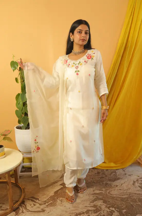 Chandrika  White Dola Silk Suit Set with Colorful Hand Embroidery & Organza Dupatta