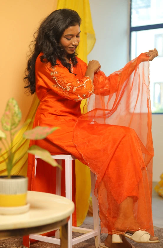 Kesar  Orange Dola Silk Suit Set with Hand Embroidery & Organza Dupatta