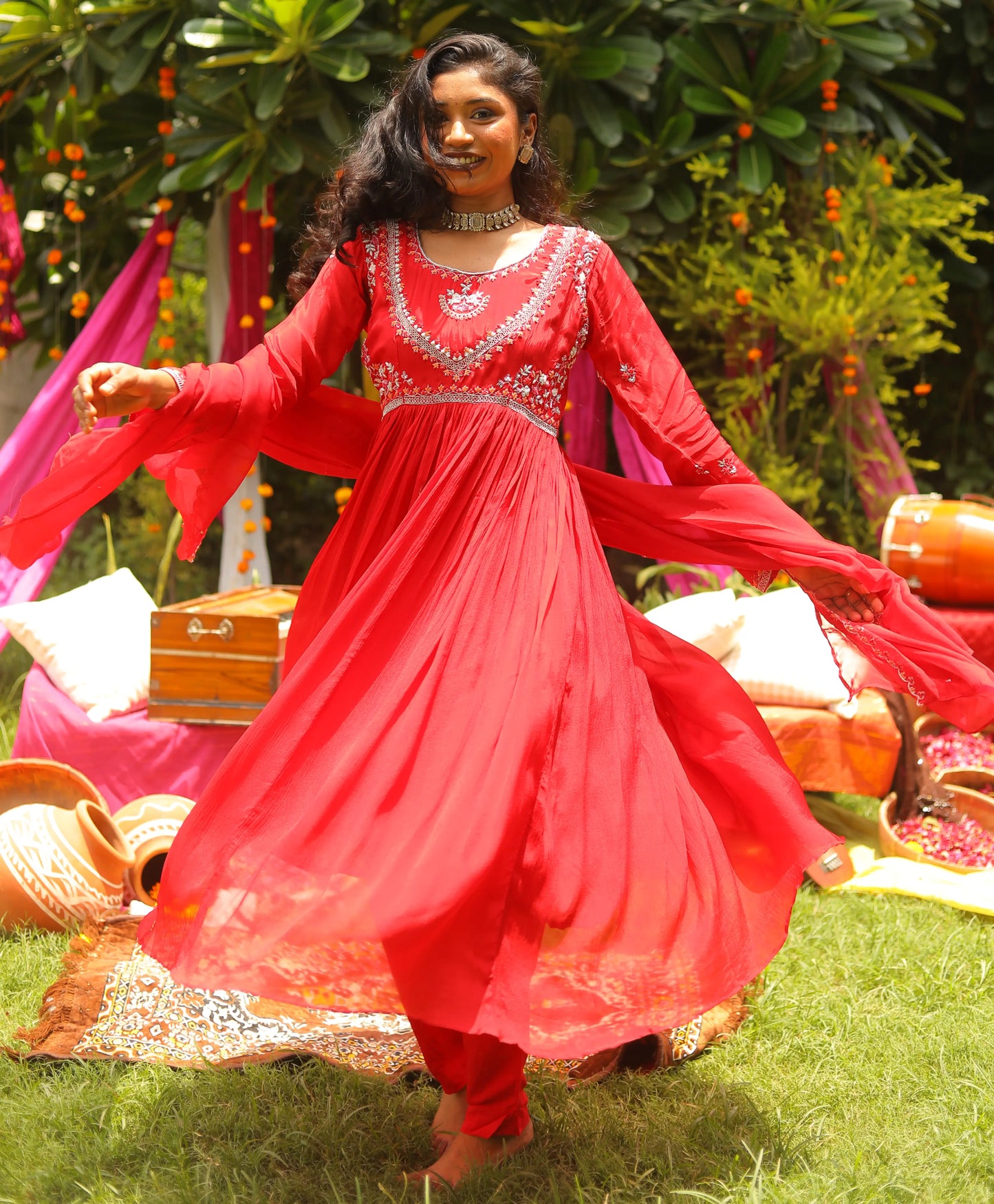 Durga Puja Red Anarkali Suit with Intricate Neck Detailing