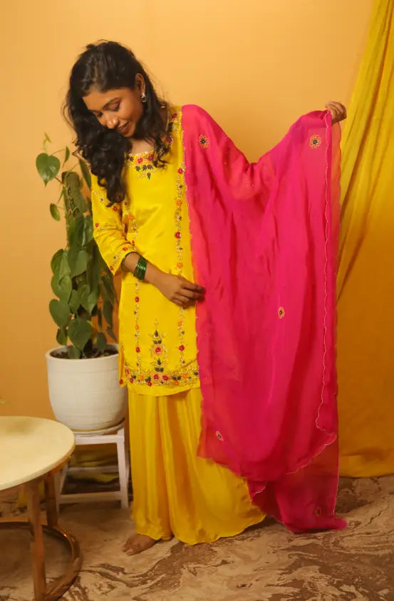 Noor Hand-Embroidered Yellow Plazzo Suit Set