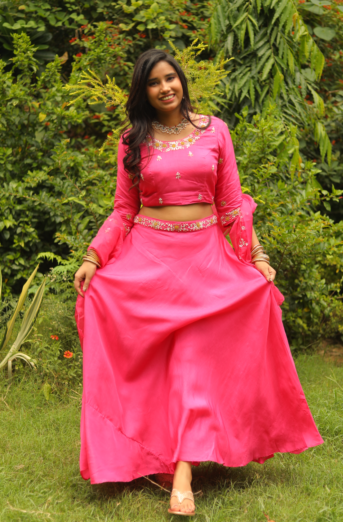 Garba Pink Dola Silk Lehenga with Organza Dupatta