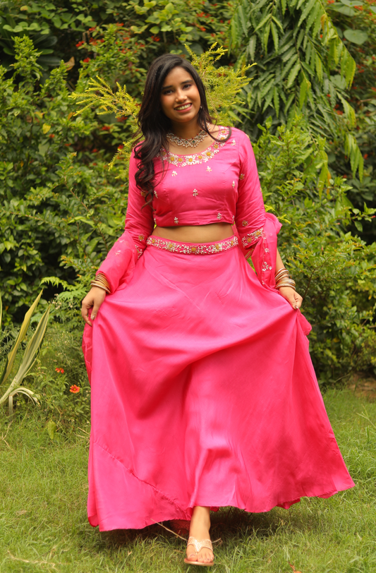 Garba Pink Dola Silk Lehenga with Organza Dupatta