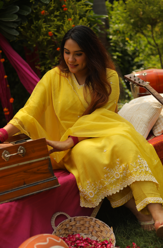 Ziya Yellow Dola Silk Suit Set with Organza Dupatta & Pearl Cutwork Detailing