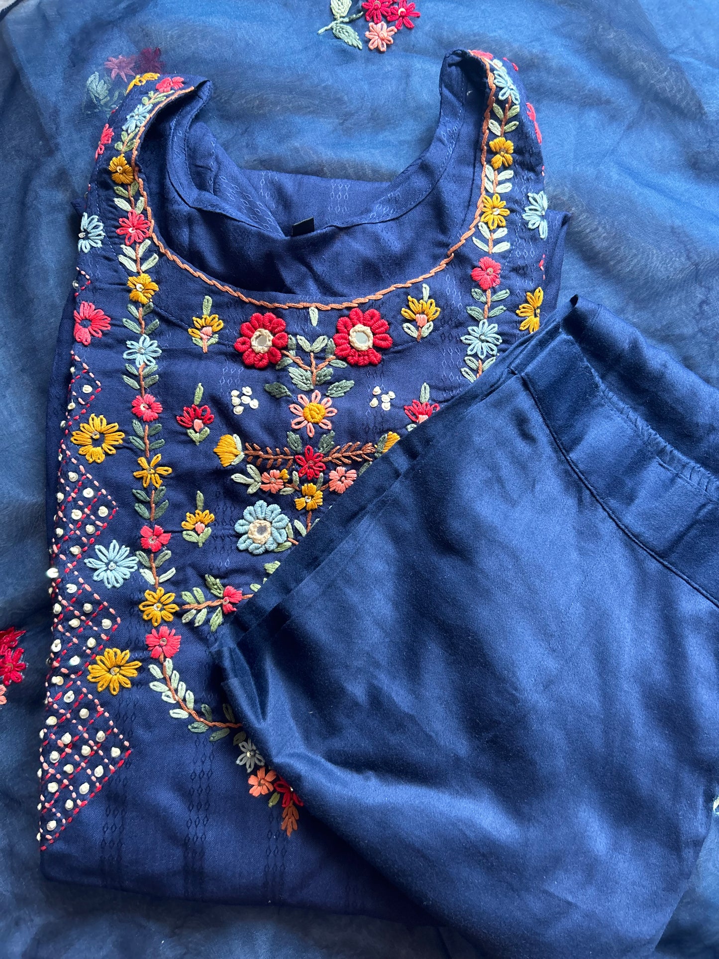 Blue katha work suit set with organza dupatta
