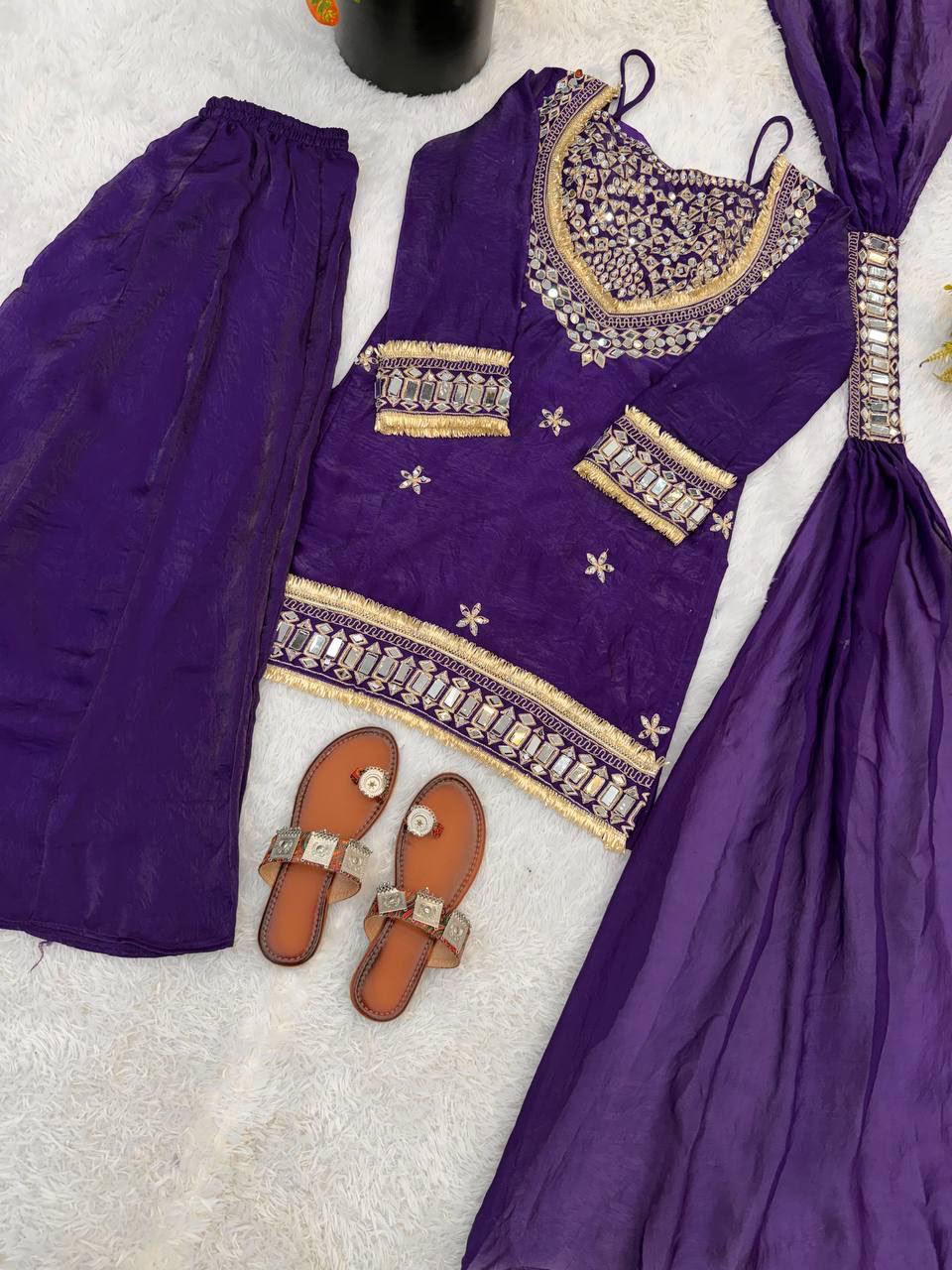Amara Purple White Suit set with Real Mirror work