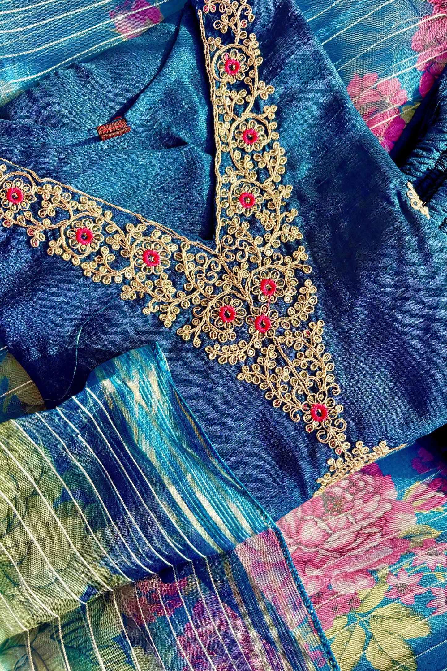 Blue phuldani Suit set with Dupatta