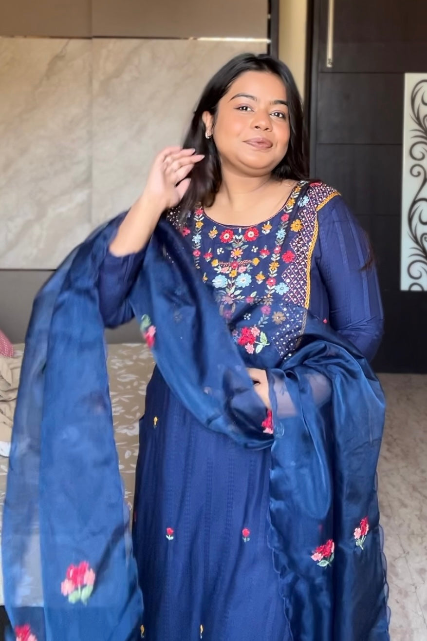 Blue katha work suit set with organza dupatta