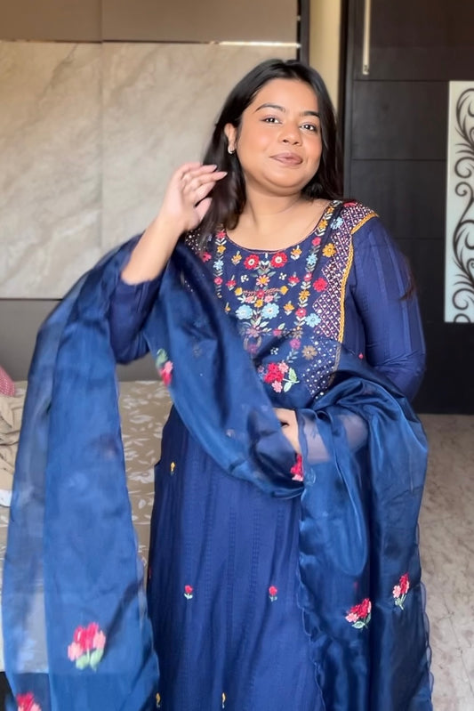 Blue katha work suit set with organza dupatta