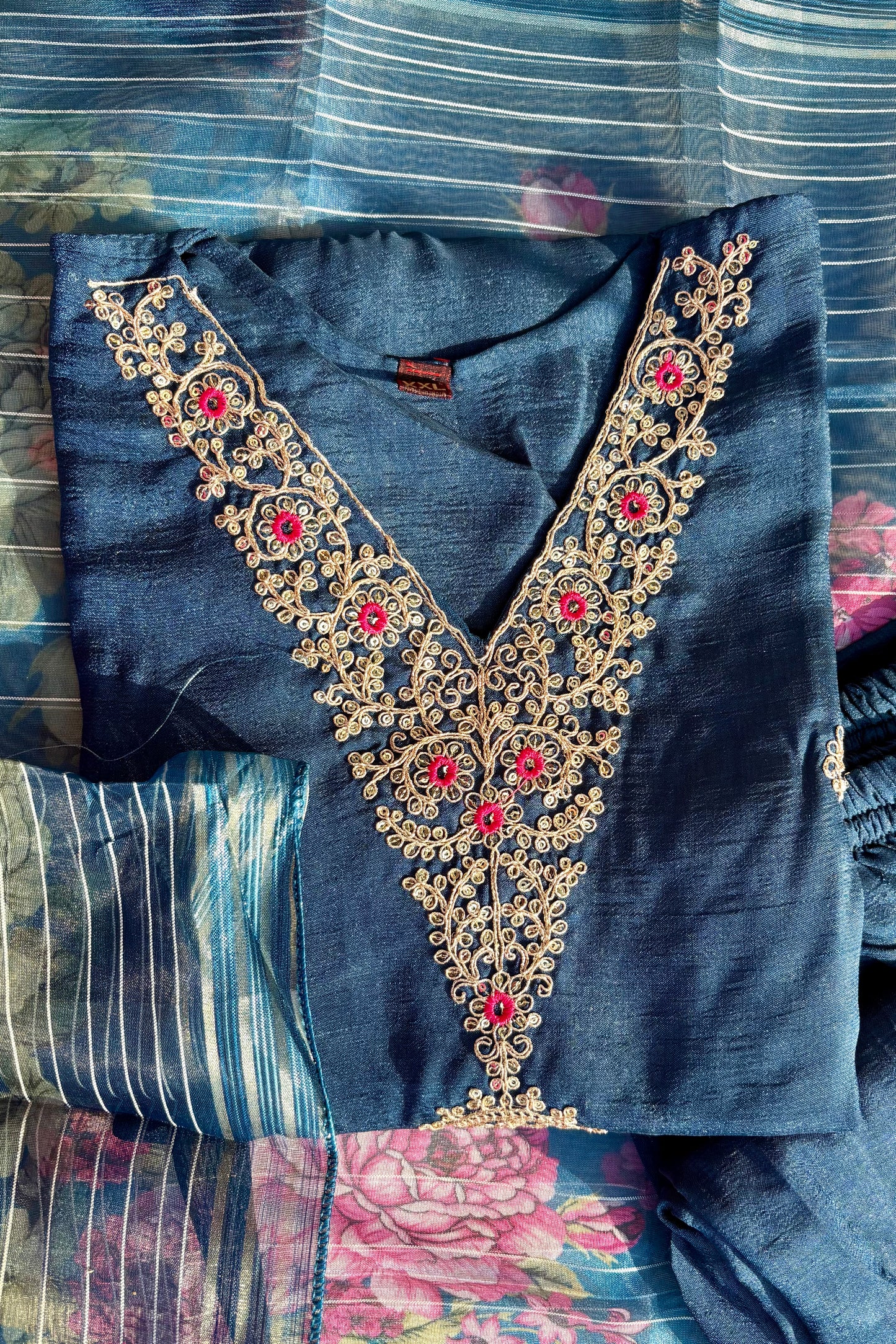 Blue phuldani Suit set with Dupatta