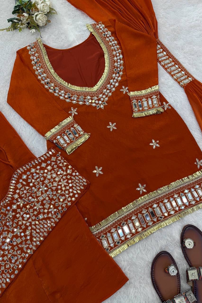 Amara Orange Suit set with Real Mirror work