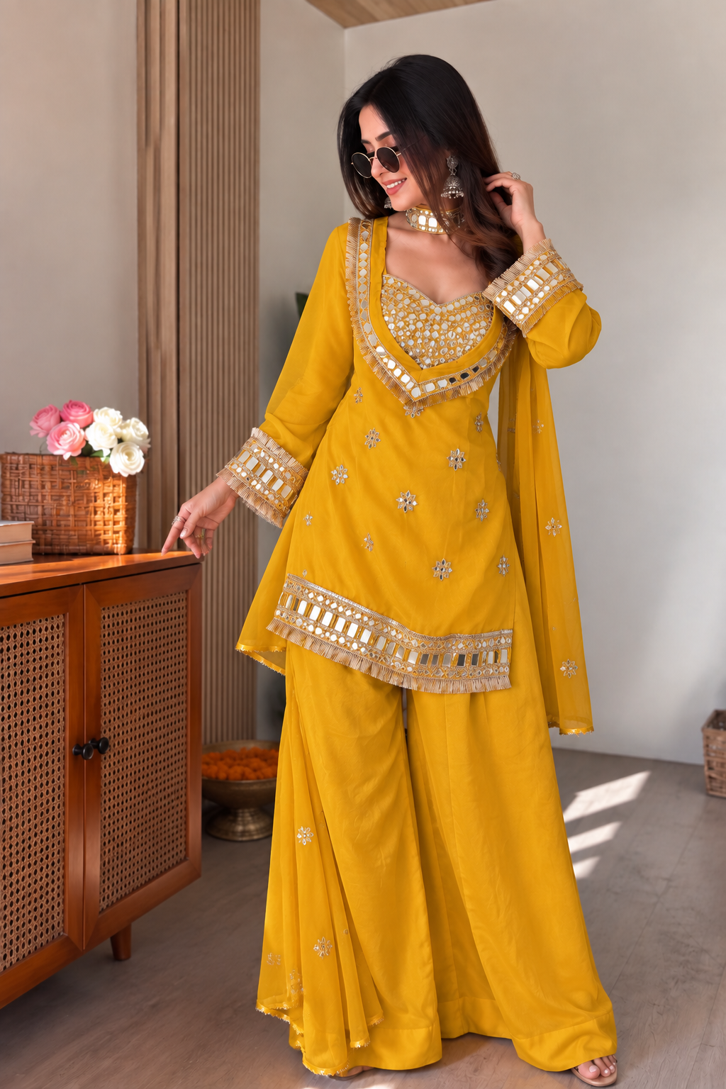 Amara Yellow Suit set with Real Mirror work