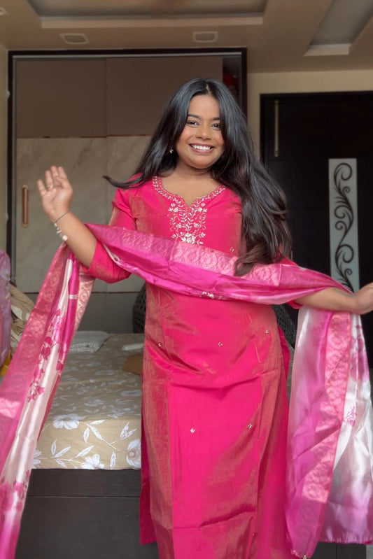 Pink Suit set with floral Dupatta