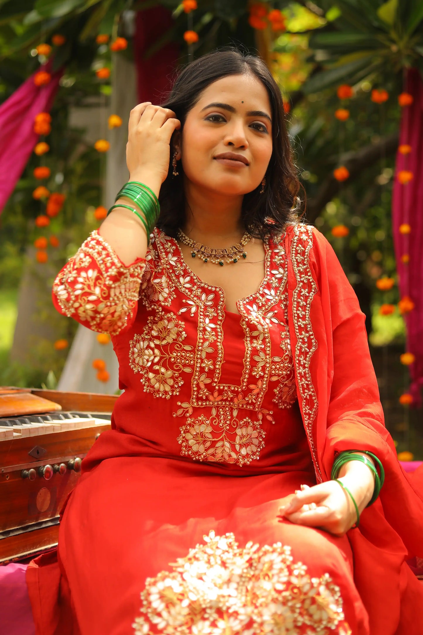 Karva Chauth Red Dola Silk Suit with Gota Patti & Zari Handwork