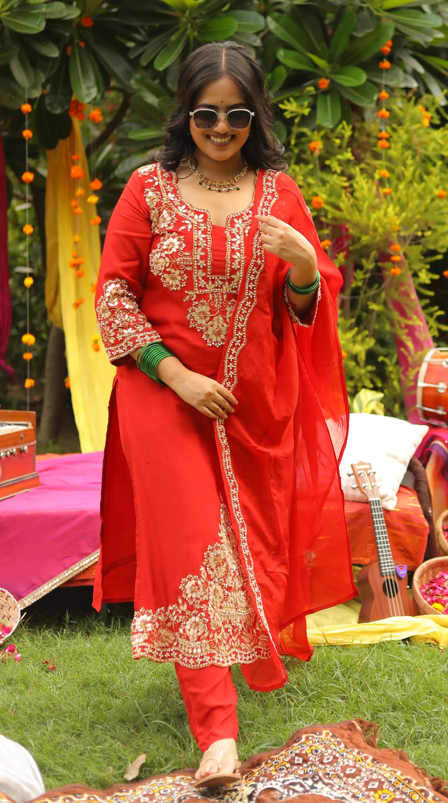 Karva Chauth Red Dola Silk Suit with Gota Patti & Zari Handwork