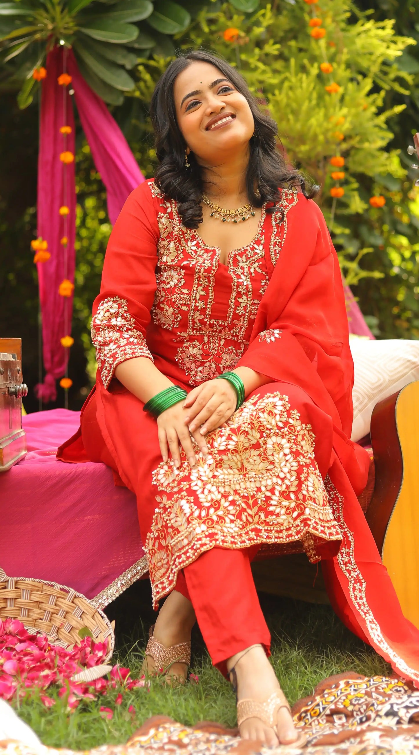 Karva Chauth Red Dola Silk Suit with Gota Patti & Zari Handwork