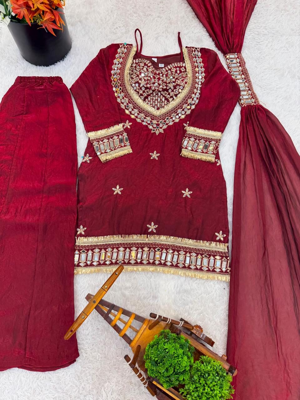 Amara Wine White Suit set with Real Mirror work