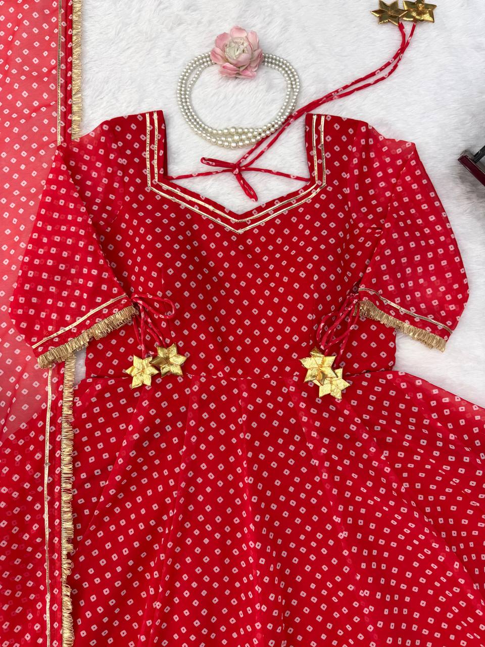 Red Bandhani Anarkali Suit set