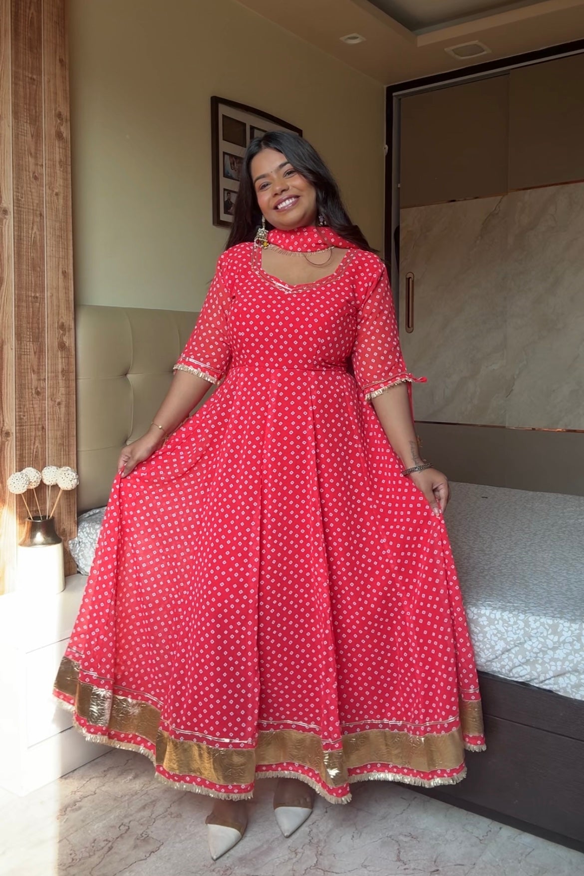 Red Bandhani Anarkali Suit set